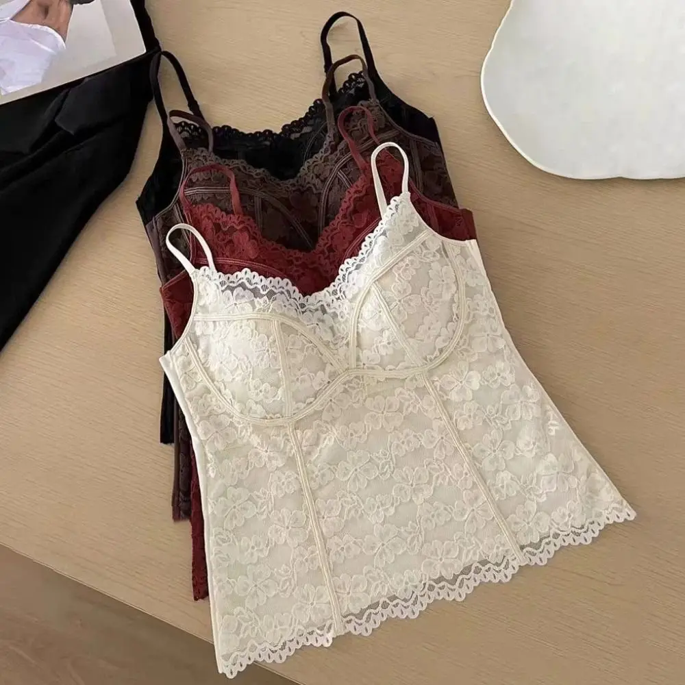 Top corto de encaje ajustado con flores de malla, camisa con cuello en V, chaleco para niña, Top picante, chaleco estilo para niña, camisola con almohadillas