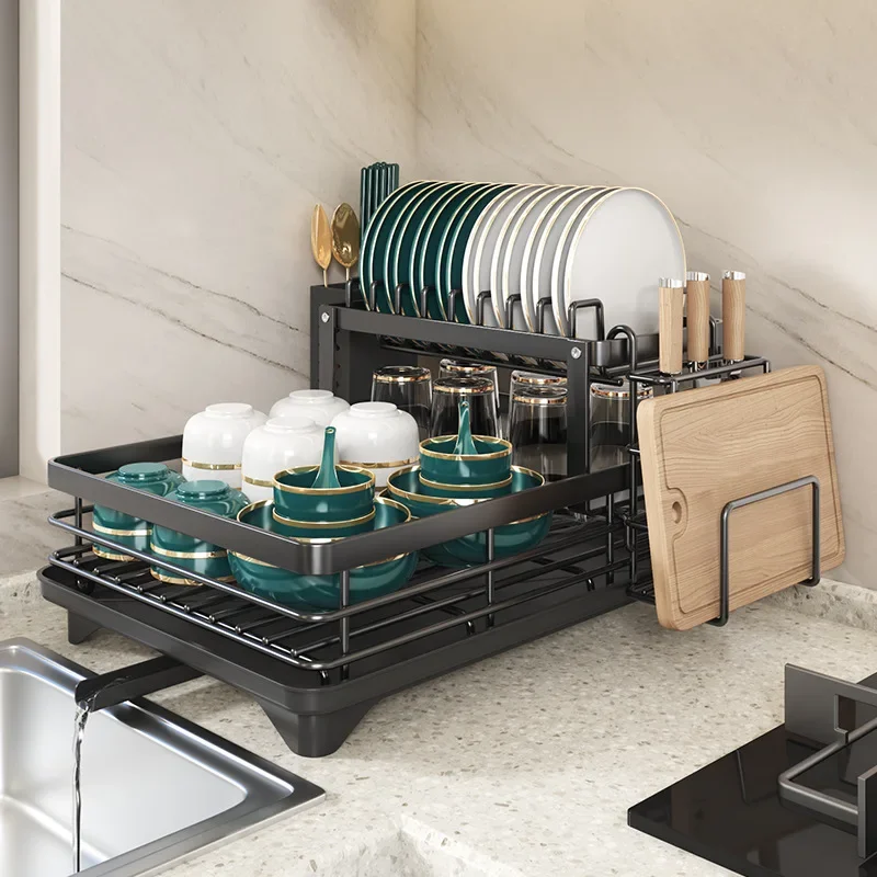 

Stainless Steel Dish Drying Rack Adjustable Kitchen Plates Organizer with Drainboard Over Sink Countertop Cutlery Storage Holder
