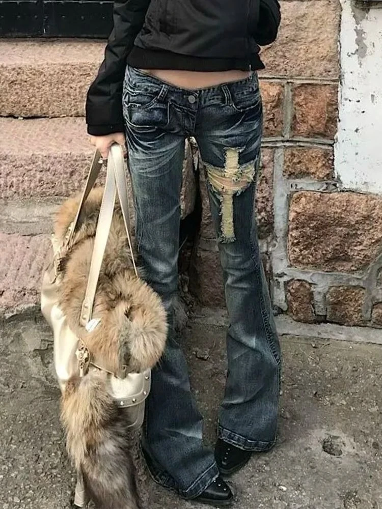 Y2k Aesthetic Women Zipper Denim Pant Spring High Waist Vintage Hollow Out Hole Harajuku Pants Streetwear Grunge Flared Trousers