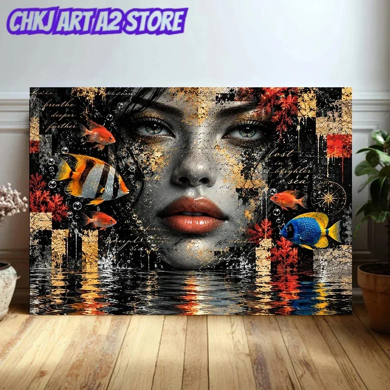 Tropical Fish and Water Ripples Colorful Abstract Woman Poster and Prints Canvas Painting Wall Art Pictures Home Decor Cuadros