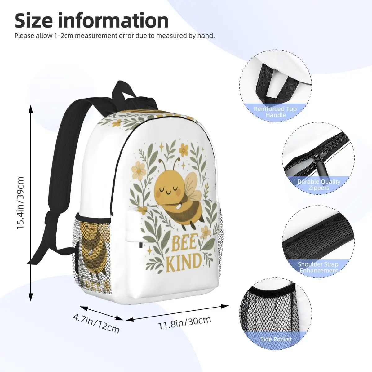 Bee Kind Cute Bumblebee Floral With Gentle Kindness Quote Backpack Student BookBag Men Women School Bag Computer Shoulder Bags