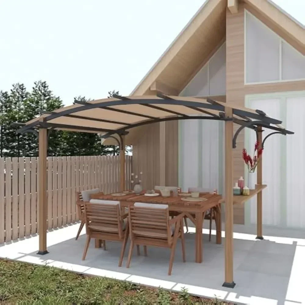 Awning8.5' x 13'Outdoor Pergola, Metal Gazebo with Arched Top Canopy,Shelves,Bar Top,Natural Wood Looking Frame for Backyard