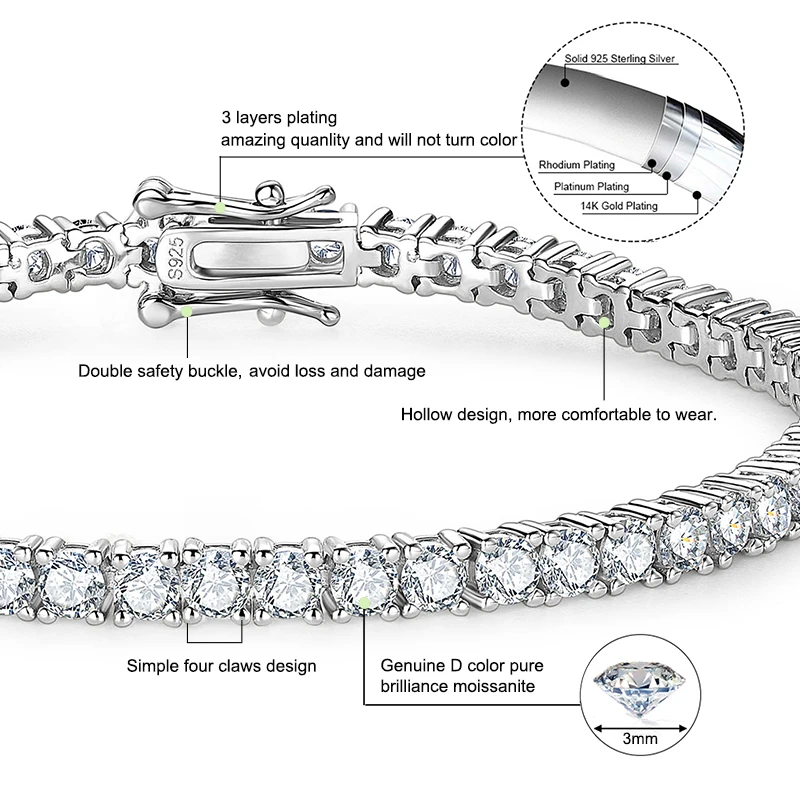 Anziw 3mm 5mm D VVS1 Moissanite Tennis Bracelet Plated 18k White Gold s925 Sterling Silver Bracelets for Couples Women Man & GRA