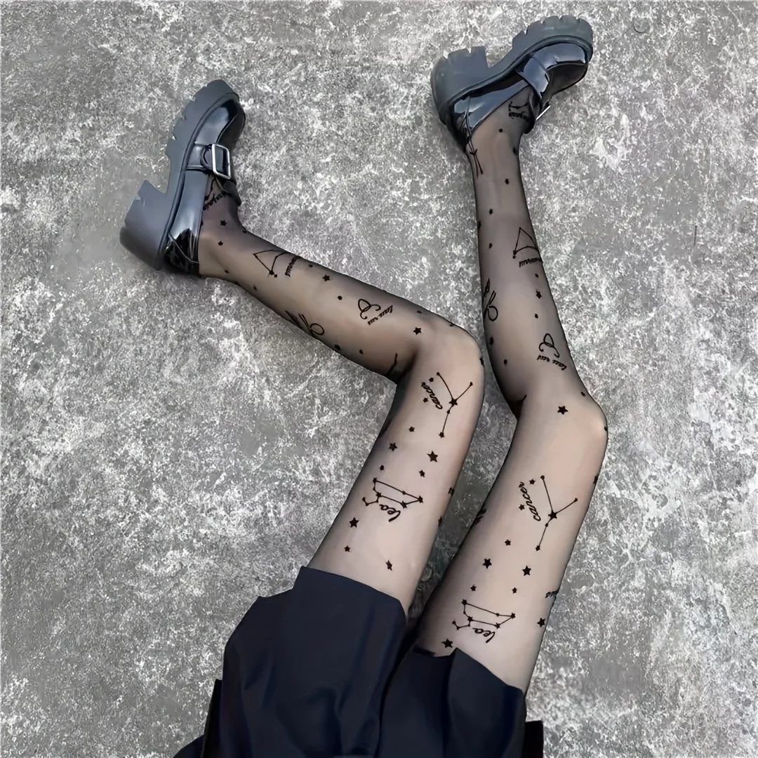 A pair of new constellation print pantyhose summer transparent thin breathable black stockings