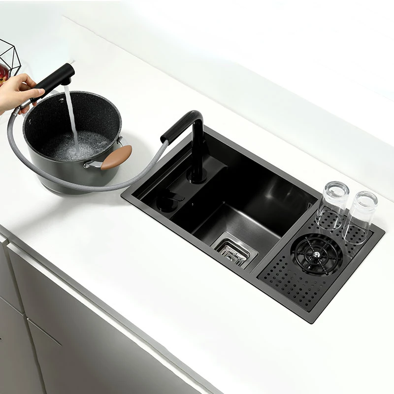 Hidden Black Kitchen Sink Single Bowl Bar Small Size Sink Stainless Steel Balcony Sink Concealed Black with Cup