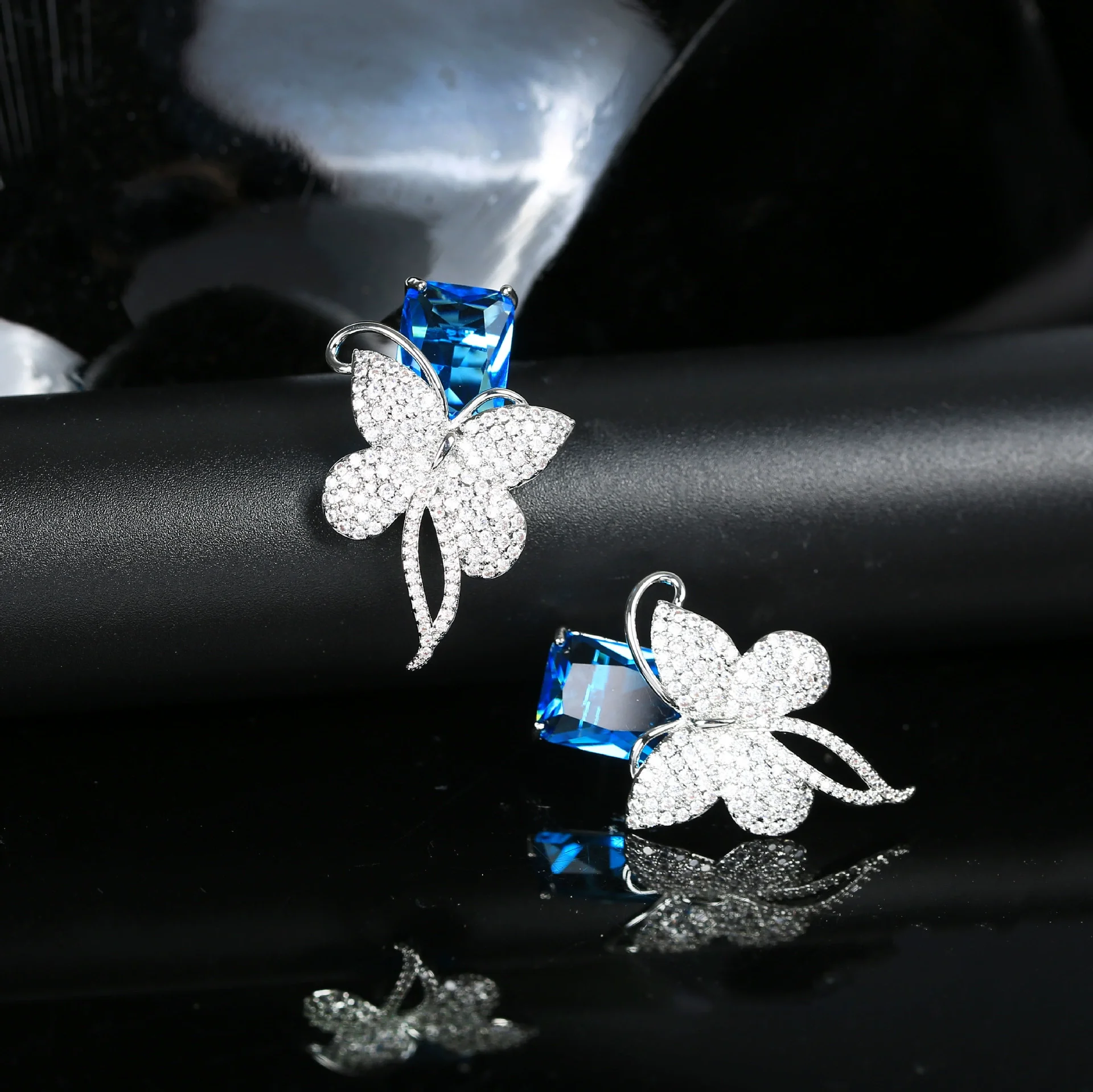925 Silver Needle Butterfly Gemstone Stud Earrings, Luxury Bridal Wedding Prom Party Jewelry for Women
