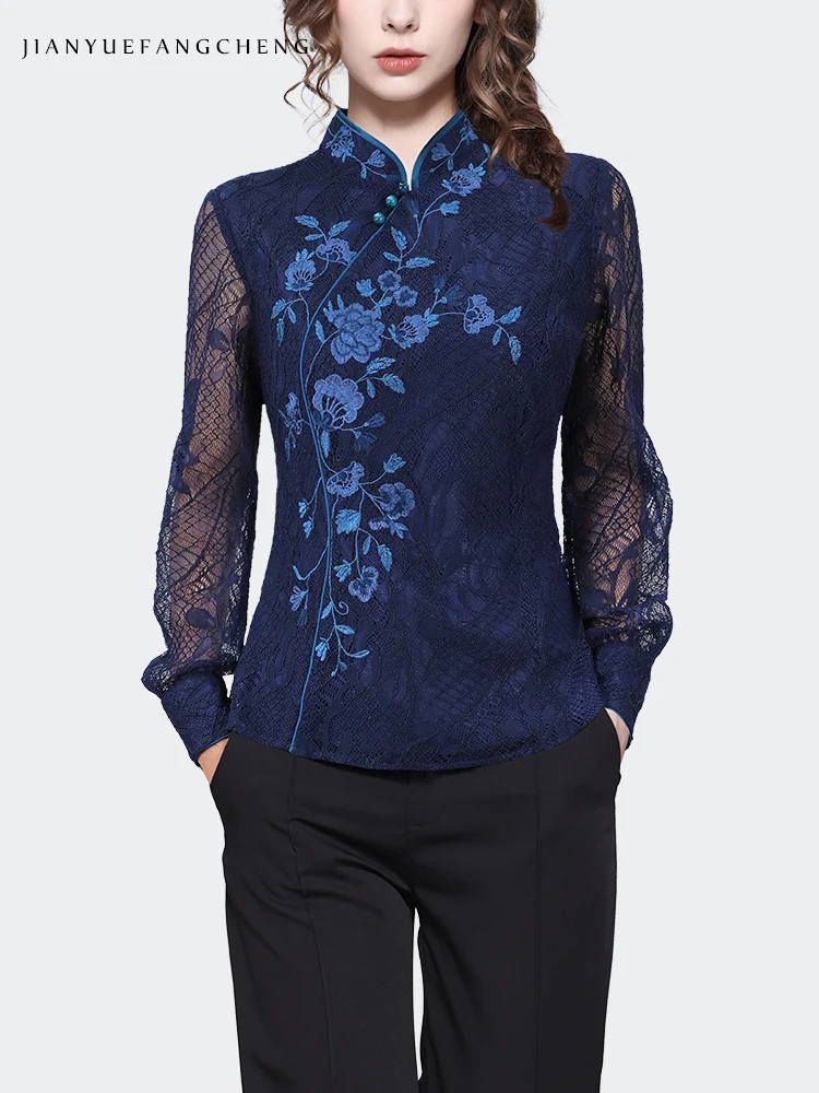 Ladies Embroidered Floral Lace Blouses 2024 Spring Summer Tops Chic Hollow Out Slim Stand Collar Vintage Casual Shirts