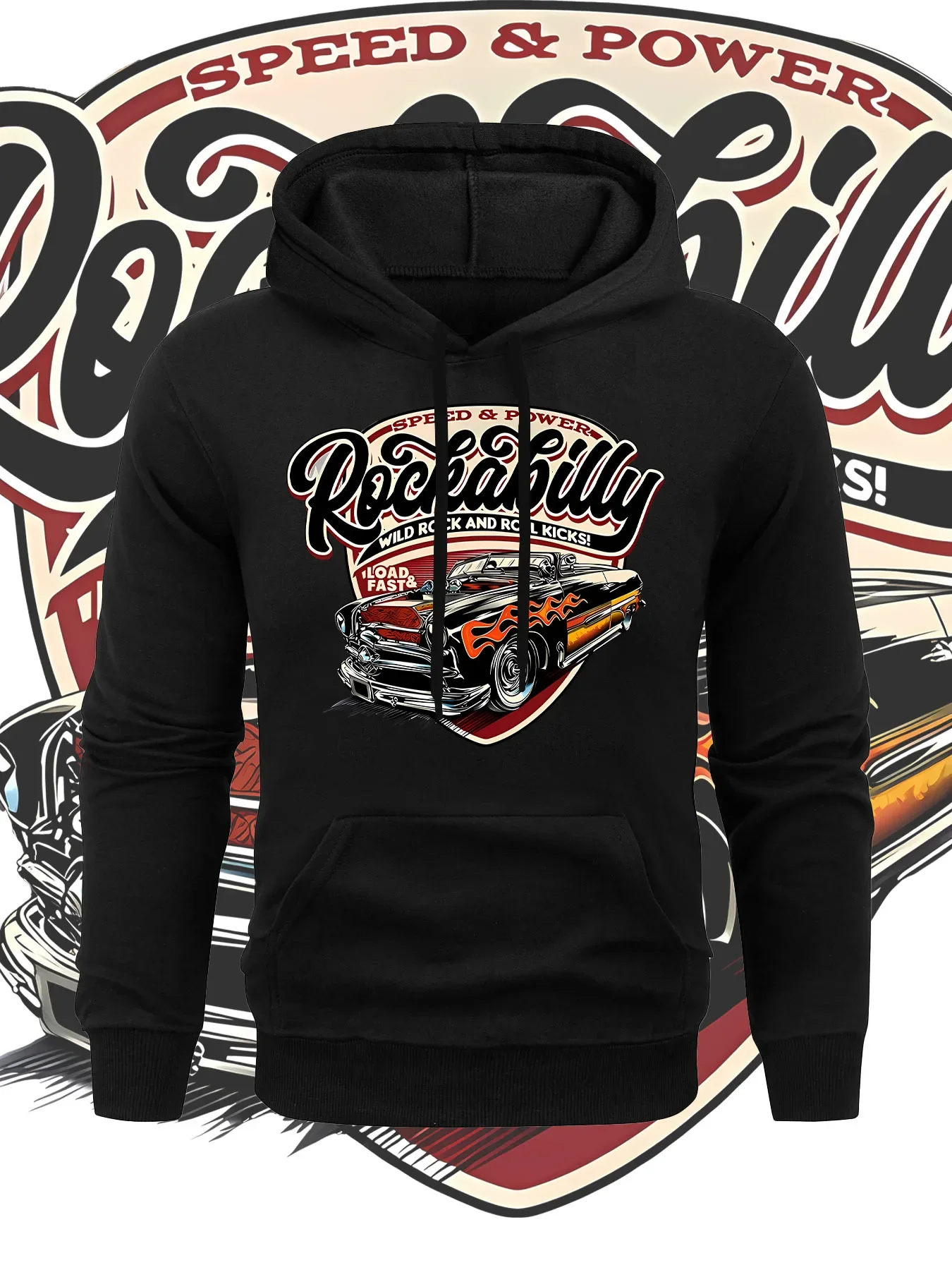 American Retro Hot‑Rod Classic Car Hoodie Rockabilly Rock And Roll Flame Auto Streetwear Pullover Unisex Oversized Hoodie