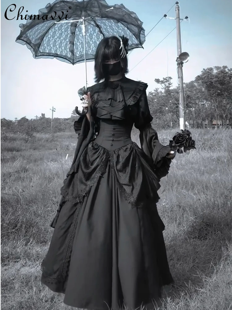 

Black Lolita Gothic Long Sleeve Shirt High-waist Skirt 2025 Autumn Clothes New Nun Style Sk Sets Elegant Cos Women's Outfits