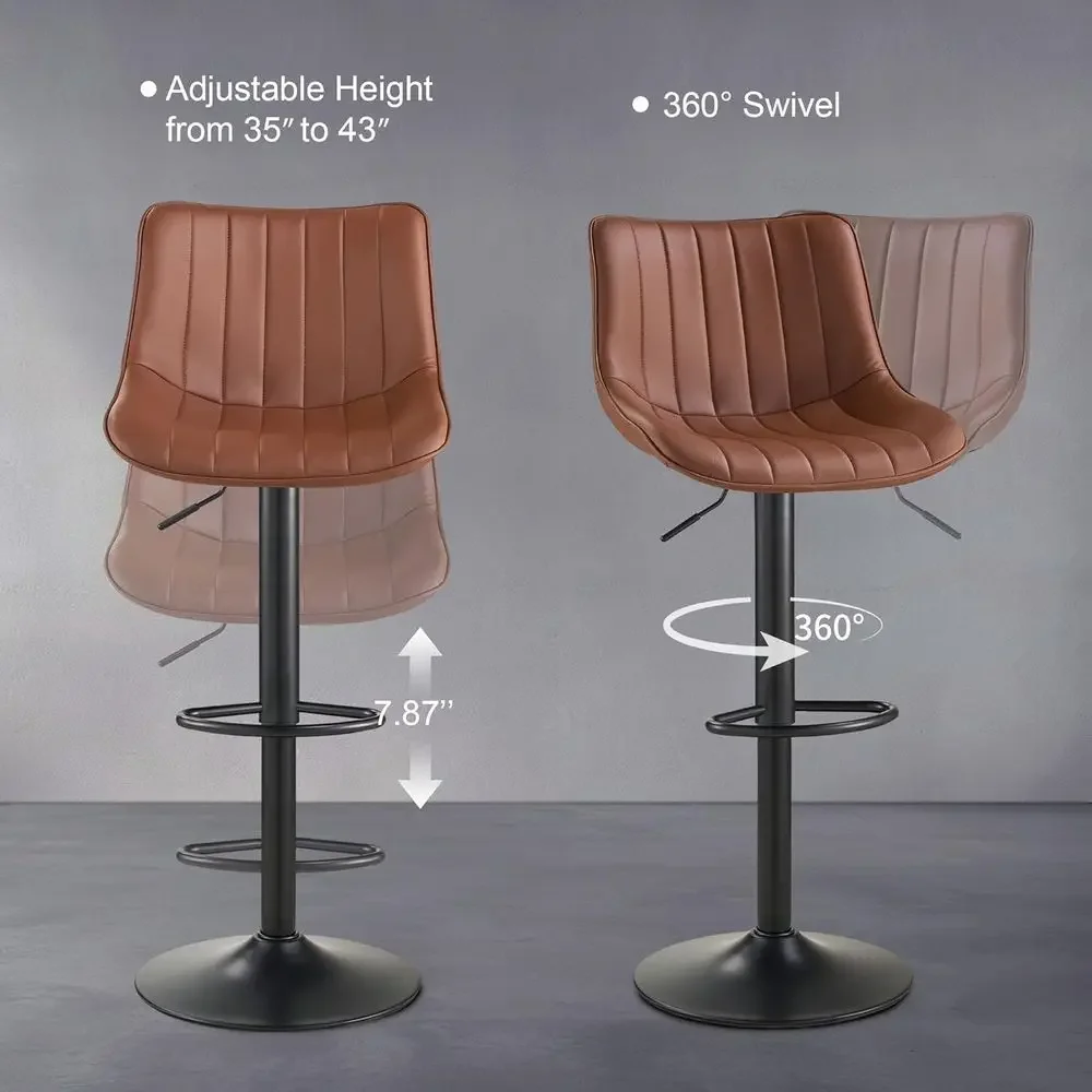 Set of 2 Swivel Bar Stools, Adjustable PU Leather, Back and Footrest, Counter Height, Brown - view 5