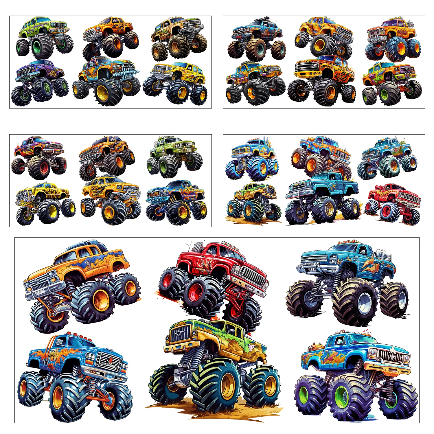 

5 sheets Monster Trucks Series easy peel waterproof DIY Decals 3D transfers uvdtf stickers 16oz uv dtf cup wraps