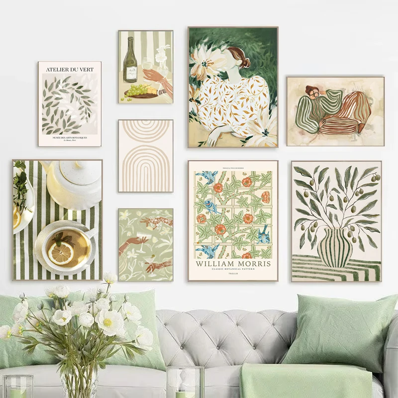 Modern Abstract Green Striped Girl Art Poster Retro Small Fresh Vintage Art Canvas Painting Home Bedroom Living Room Decor