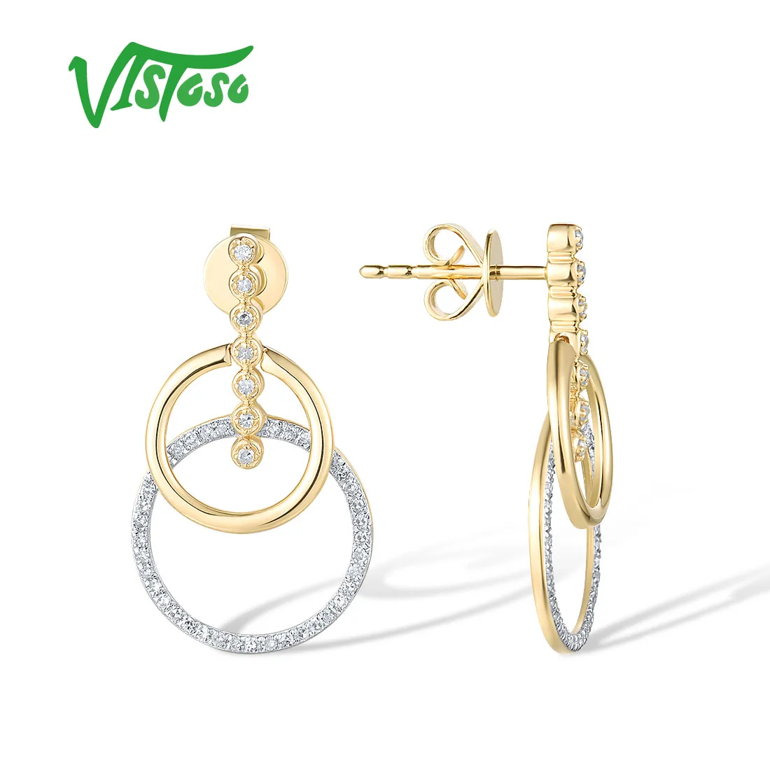 VISTOSO 14K 585 Yellow Gold Stud Earrings For Women Sparkling Genuine Diamonds Circle in Circle Geometric Wedding Fine Jewelry