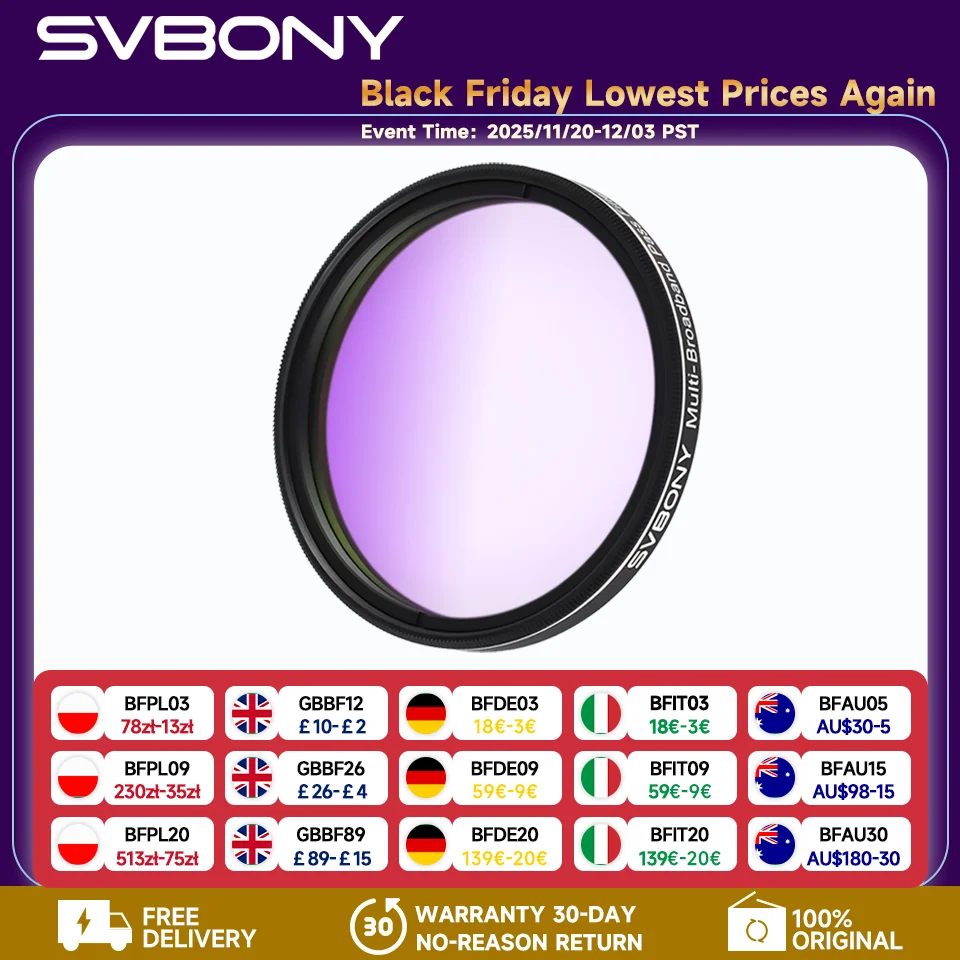 Svbony SV260 Multi-bandpass Star Field Filter 2'' Broadband Telescope Filter 90% OD4 Light Transmittance for Galaxy Photography
