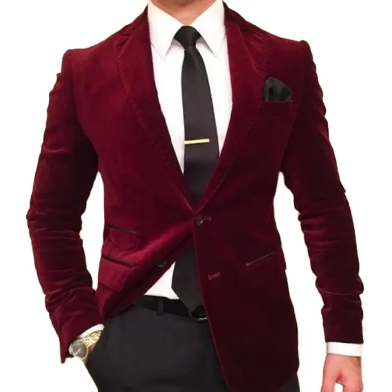 

Mens Suits Custom Made Burgundy Velvet Blazer with Black Pants Wedding Groom Tuxedos Prom Blazer Sets 2 Pieces (Jacket+Pant+Tie)