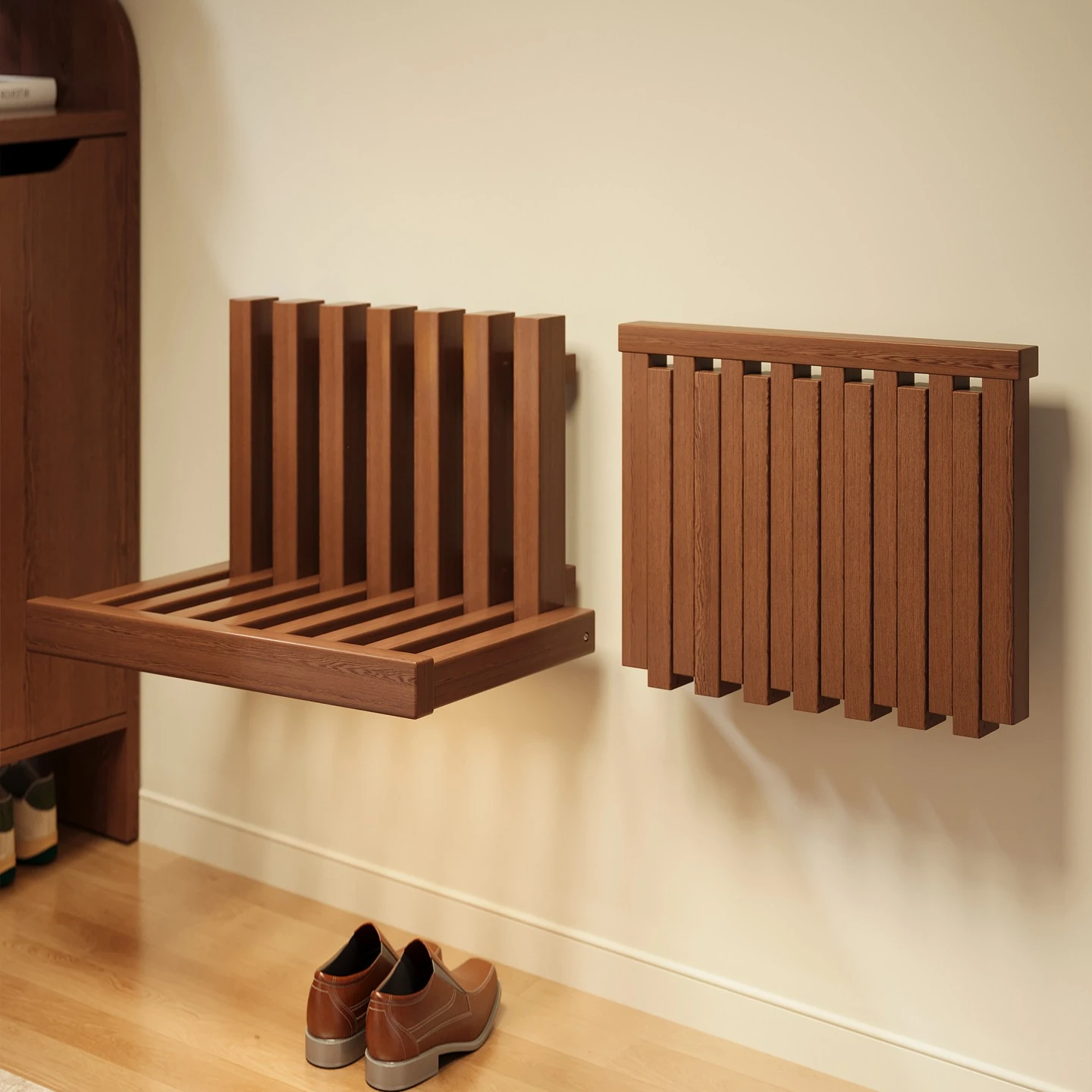 Compact Wall-Mounted Foldable Solid Wood Shoe Bench, Space-Saving Narrow Entryway Stool with Concealed Design for Small Homes.