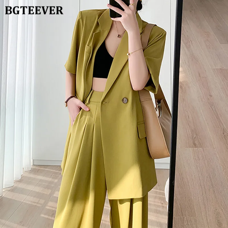 BGTEEVER Summer Ladies Trousers Suits Short Sleeve Jackets & Wide Leg Suit Pants Women Outfits Elegant Ladies 2 Piece Blazer Set