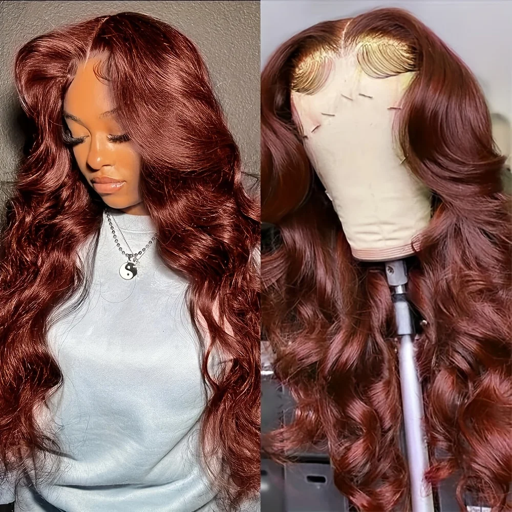 

Reddish Brown Body Wave Wig Human Hair 13x4 HD Lace Front 180% Density HD Lace Frontal Wigs Pre Plucked With Baby Hair For Women