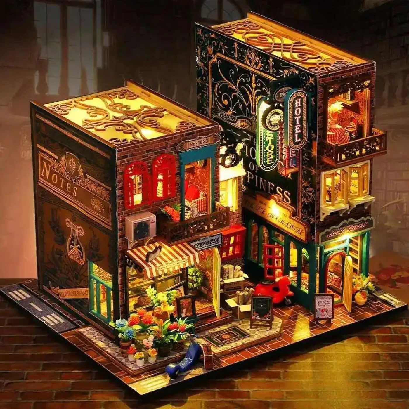 DIY Wooden Shop Art House With Lights 3D Simulation Hotel Model Handcrafted Ability Toys Home Furniture Ornament Christmas Gifts