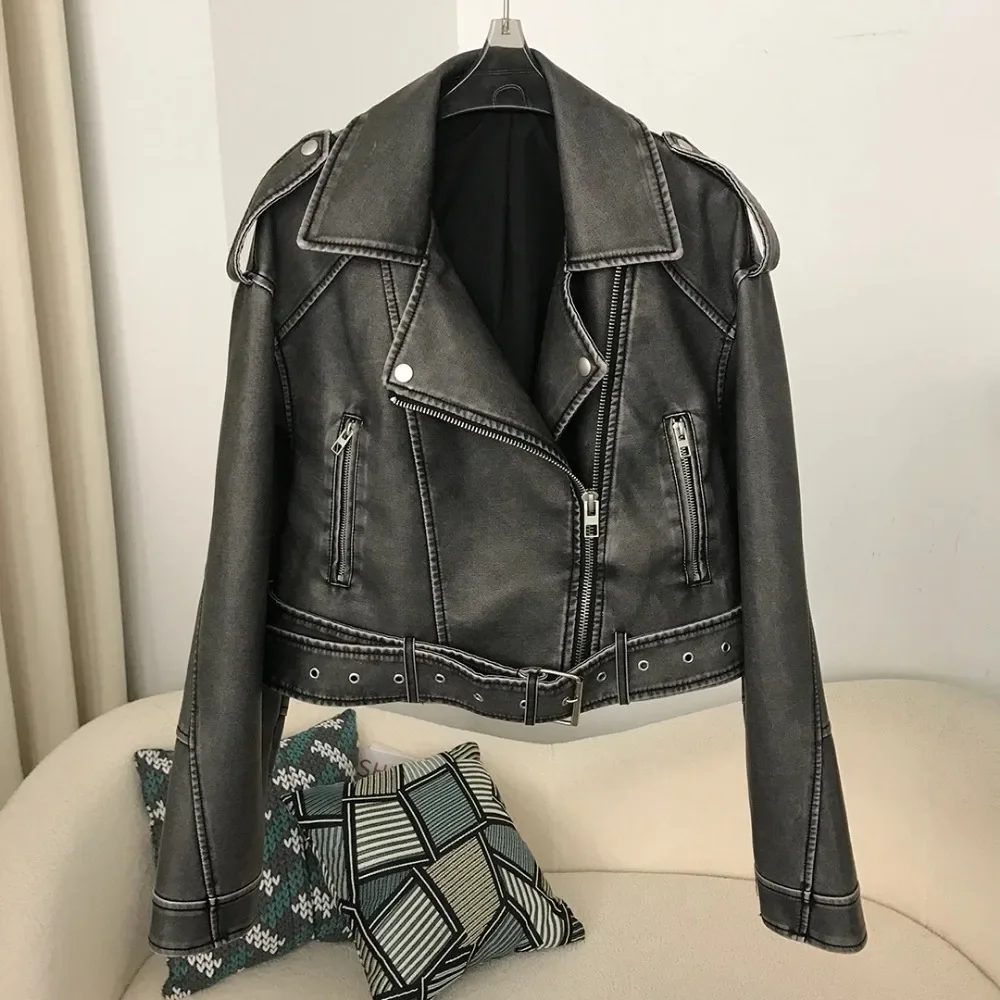 Woman New Spring Faux Leather Jacket Chic Vintage Short Lapel Zipper Belt Biker Coats Fashion Streetwear Mujer Jackets Coat