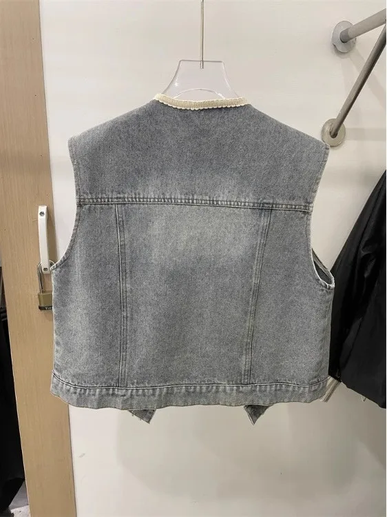 Rompi Denim Wanita Model Prancis Kecil yang Modis, Pakaian Musim Semi atau Luaran, Slim Fit, Cardigan Gaya Korea
