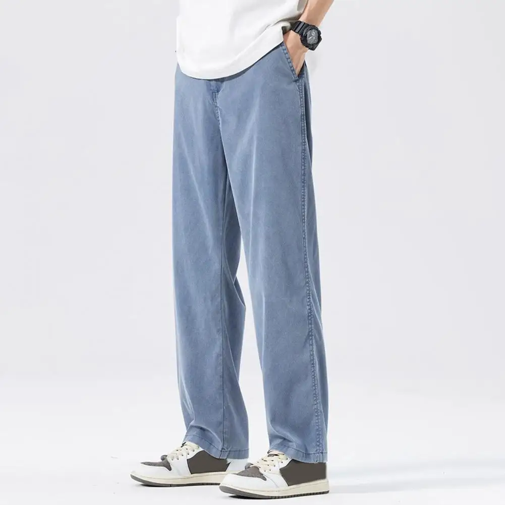 

Flattering Men Jeans Stylish Men's Ice Silk Denim Pants Elastic Waist Wide Leg Trousers with Pockets for Summer Casual Wear Men