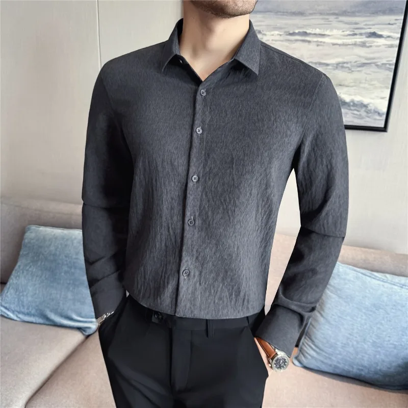 Kemeja Pria Cetak 2025 Musim Gugur Gaya Inggris Baru Fashion Kasual Kancing Tersembunyi Elastis Slim Fit Lengan Panjang Pakaian Pria