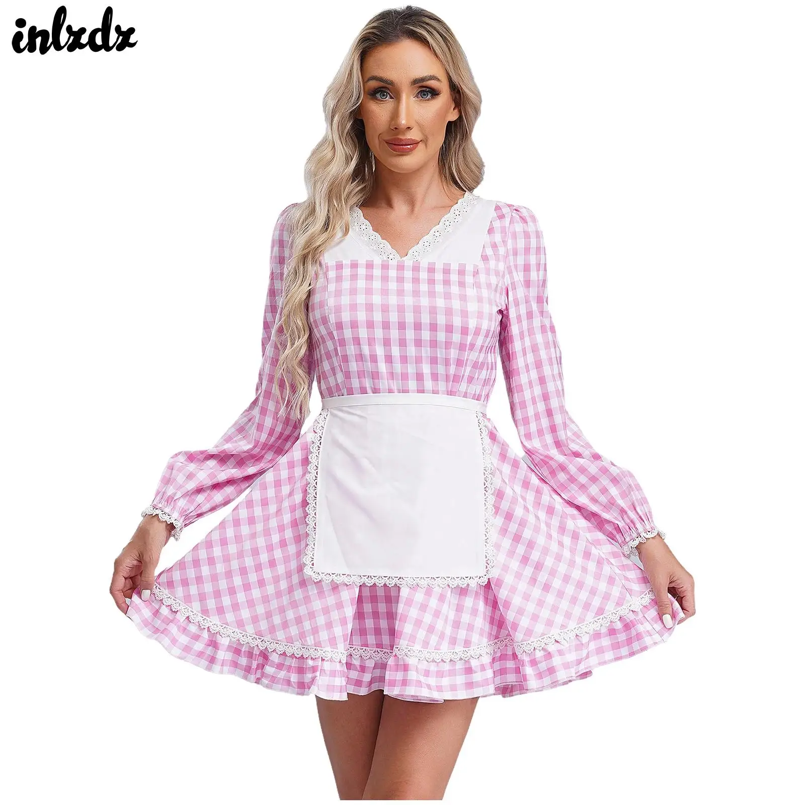 Womens Anime Servant Maid Dress V Neck Lace Trim Gingham Margot Robbie Movie Cosplay Doll Costume French Maid Dress with Apron