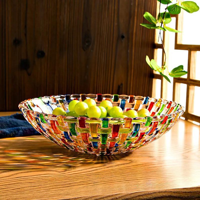 European Style Luxury Crystal Glass Woven Pattern, Contrasting Color, Hand-painted Colorful Fruit Plate, High-end Salad Bowl