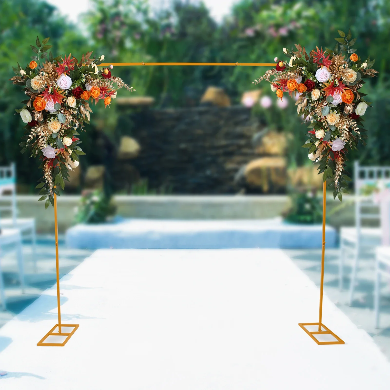 

Gold Iron Wedding Arch Stand 2.4x2.4m, Square Wedding Backdrop Stand with 3-5kg Capacity, Floor Standing Metal Frame for Party