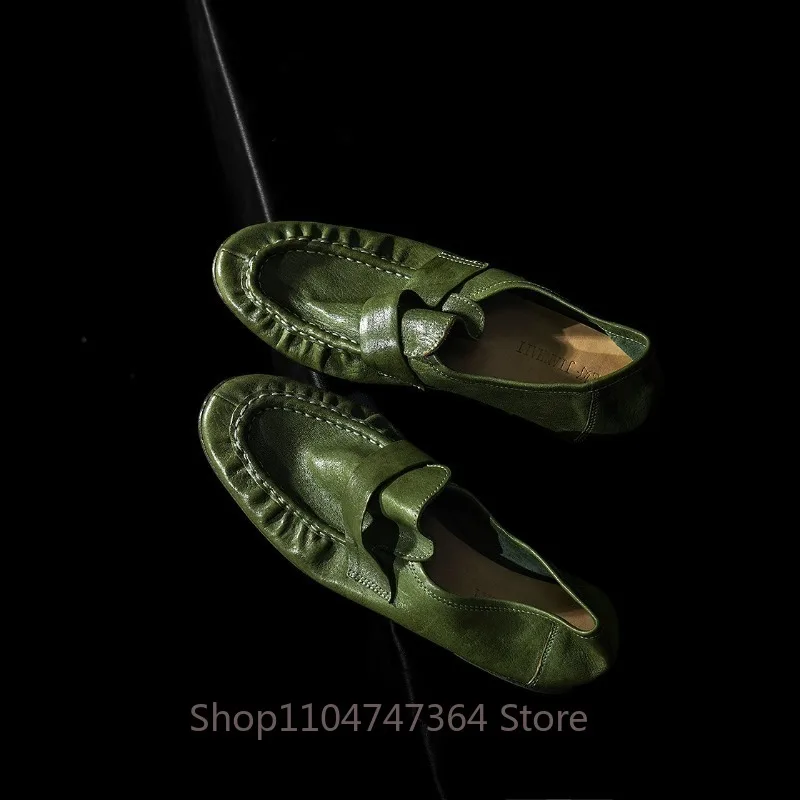 

Design Fashion Genuine Leather Shoes Women's Loafers Slip on Casual High End Green Dress Work Party Leather Shoes Female