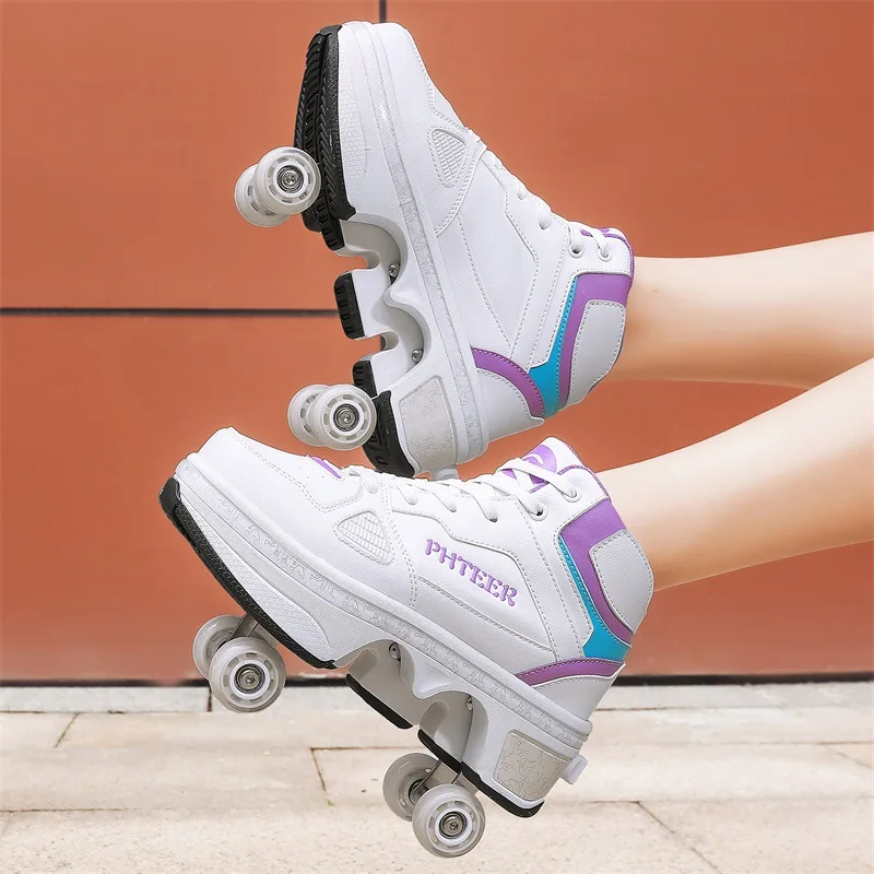 Zapatos de cuatro ruedas retráctiles para niños, niñas y mujeres, zapatillas de deporte para niños, patines de ruedas de moda, deportes casuales,