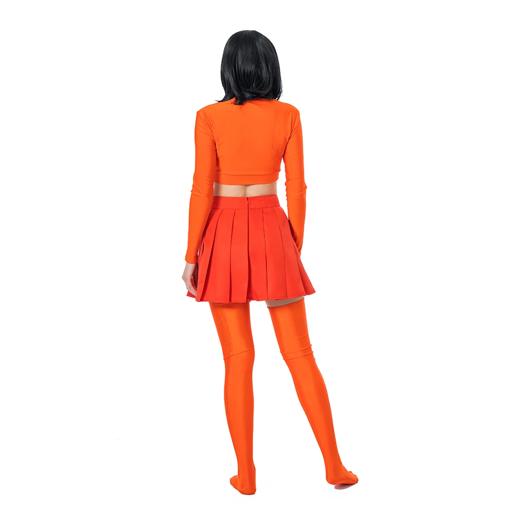 (in stock) Anime Velma Cosplay Costume Movie Character Ladies Girls Sexy Orange Uniform Crop Top Mini Skirt Over Knee Socks Set