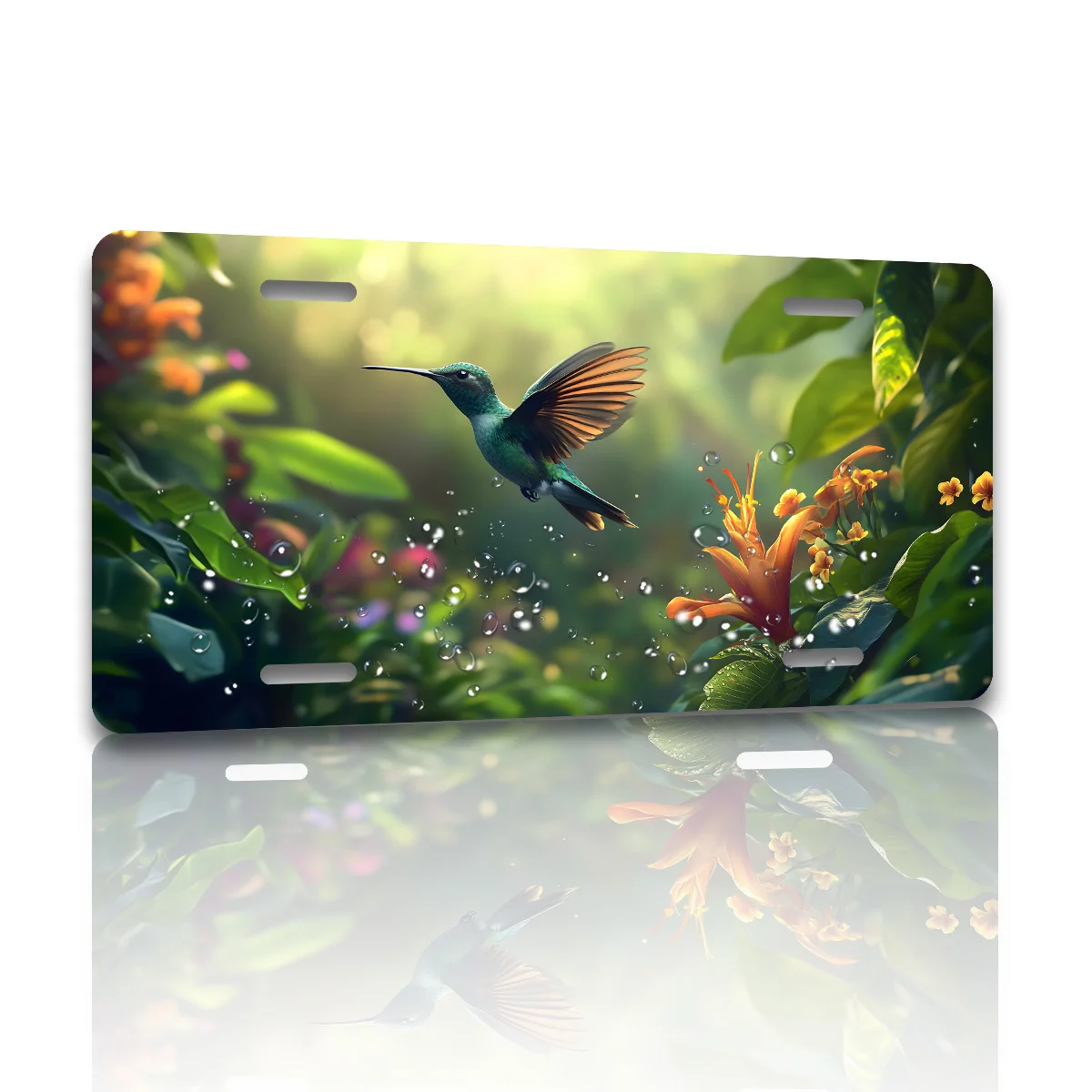 2D Flat Poster Green Hummingbird Front License Plate, Aluminum License Plate Cover and Frame, Fun Standard Size