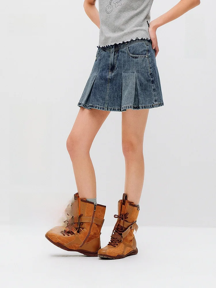 

Женская джинсовая юбка Semir: летняя, прохладная, плиссированная, милая и стильная, повседневная, со средней талией, из смесового хлопка, А-силуэт