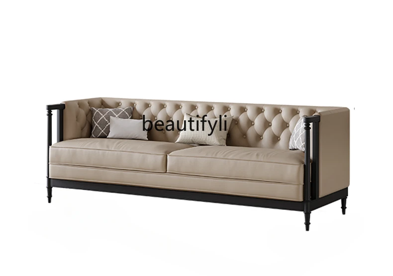 

American Retro Leather Sofa of Solid Wood Living Room Small Apartment Straight Row Sofa for Three People