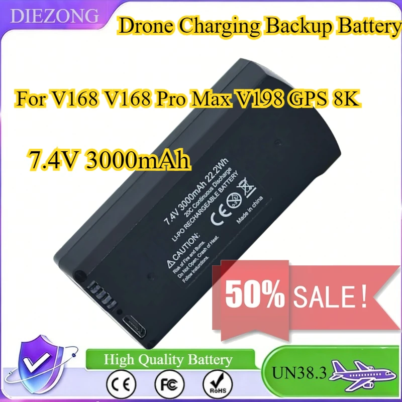 

New V168 Pro Max 7.4V 3000mAh Lipo Battery Suitable for V168 V198 GPS 8K 3.7V 2000mAh Drone Charging Backup Battery Compatible