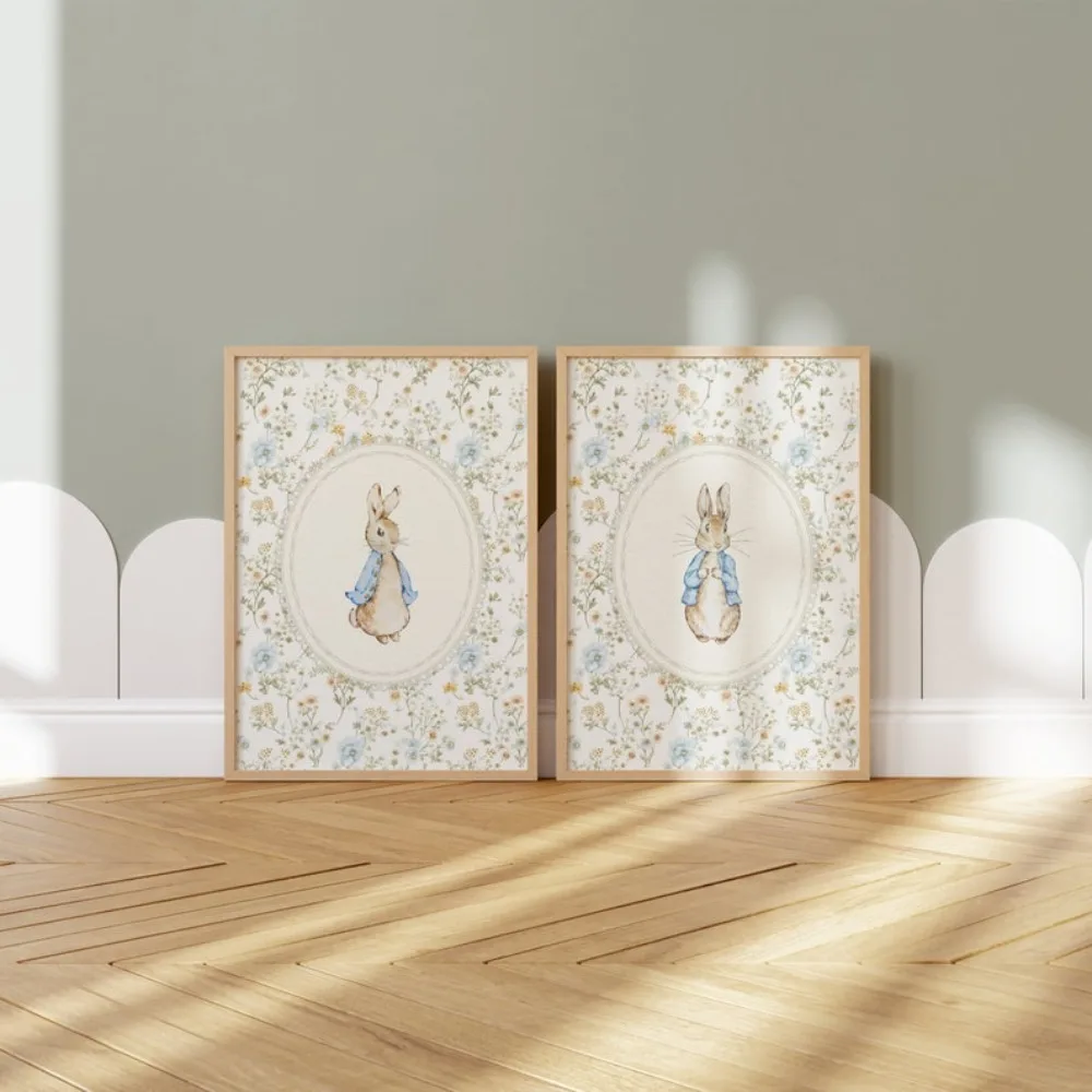 2 Pieces of Frameless Rabbit Nursery Decoration,Retro Peter Rabbit Print,Unisex Nursery Art, Beatrix Potter Print, Printable Art