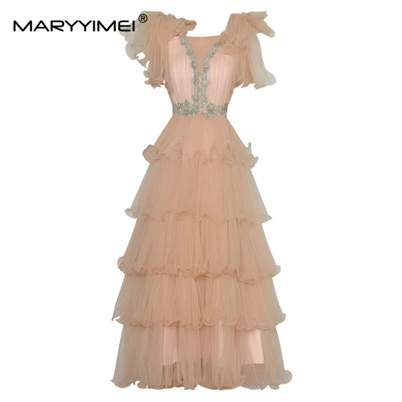 

MARYYIMEI Fashion Designer Summer Women's dress Lace beaded applique V-neck Backless Slim Sexy Elegant Party Cake Dresses