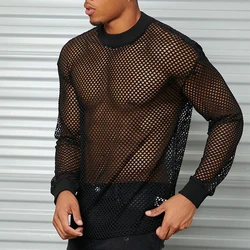 Mens Sexy Fishnet See Through T-Shirt Long Sleeve Transparent Tshirt Homme Punk Gothic Nightclub Prom T Shirt For Men Camisetas