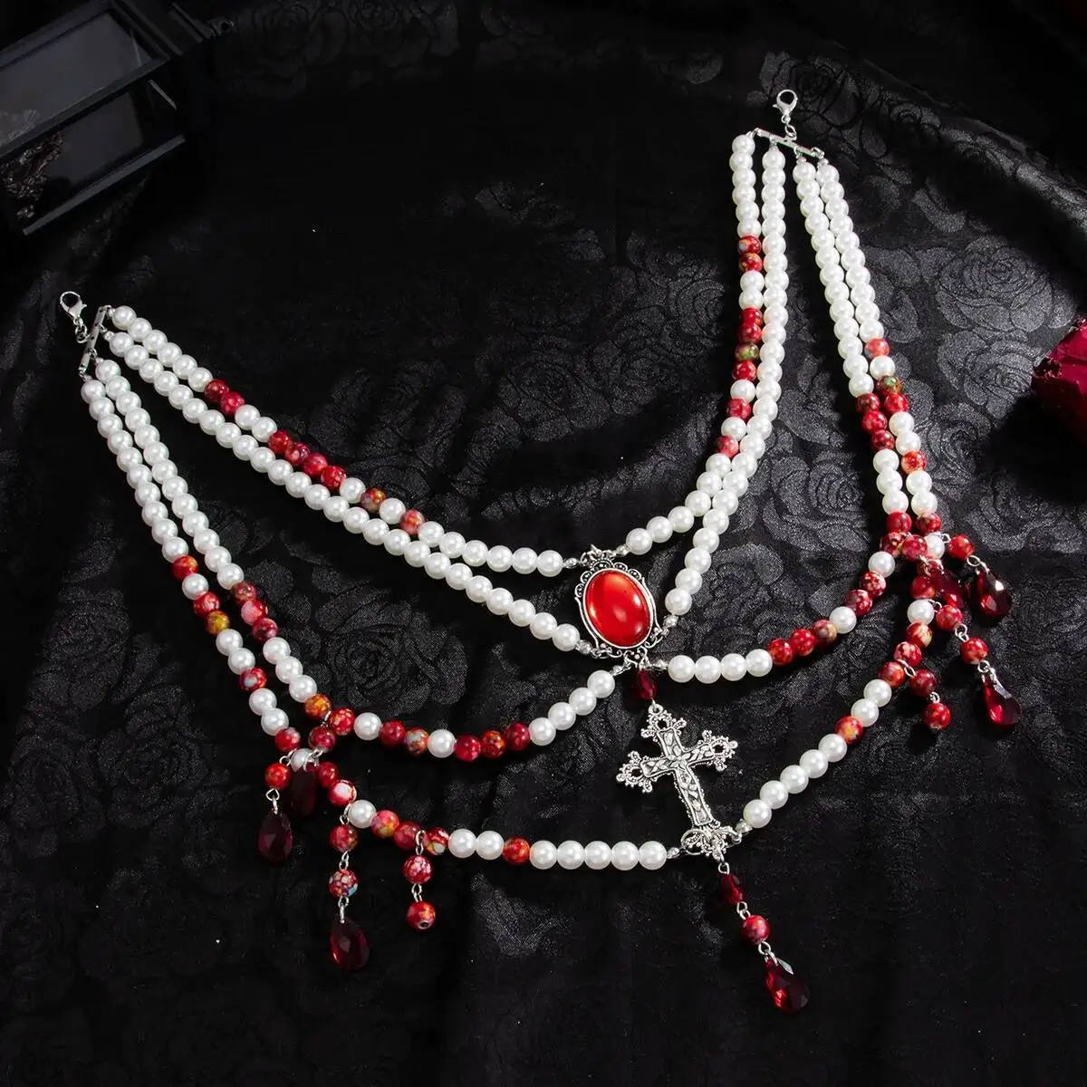 PuRui القوطية الدم الأحمر نمط تقليد اللؤلؤ البطن الخصر سلاسل هالوين الإبداعية الأحمر الاكريليك حجر الراين شرابة مجوهرات للجسم