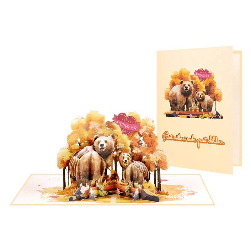 

2Pcs 2026 New Mother's Day Greeting Card 3D Pop-up Card Gift Handmade Paper Sculpture Great Mother Bear with Envelope