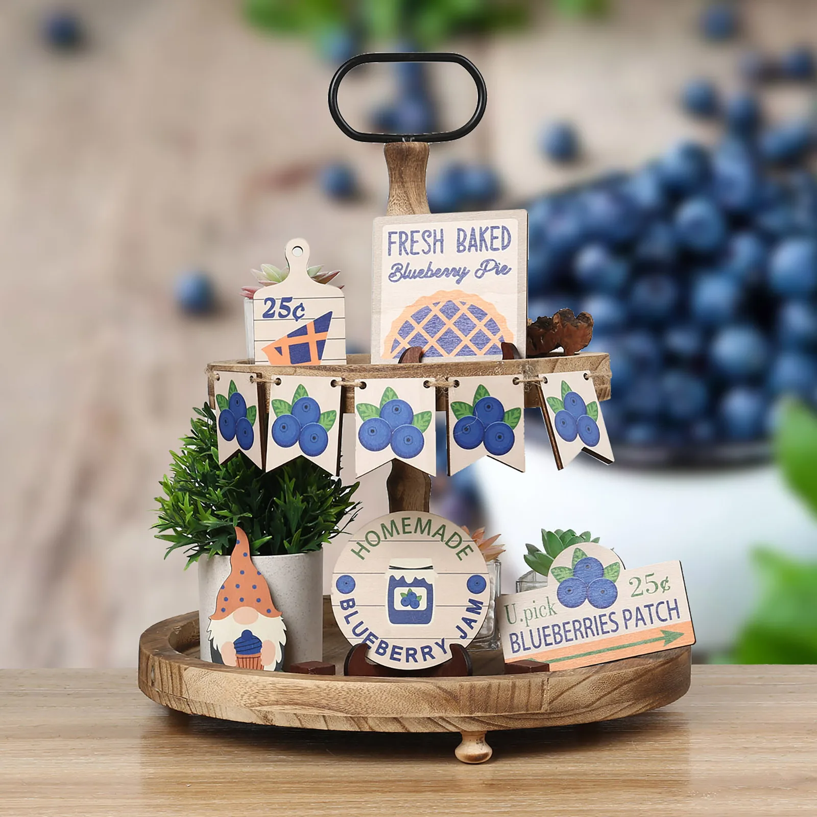 Blueberry themed layered tray decorated with dwarf blueberry wooden sign ornaments, suitable for home table decoration, 1 set