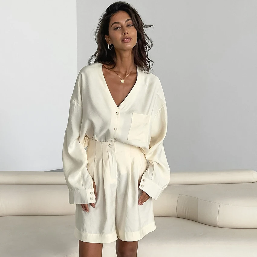 

Linad Beige Office Lady V Neck Button Up Shirts With Pockets High Waist Shorts 2 Piece Sets 2026 Spring Casual Mini Pants Suits
