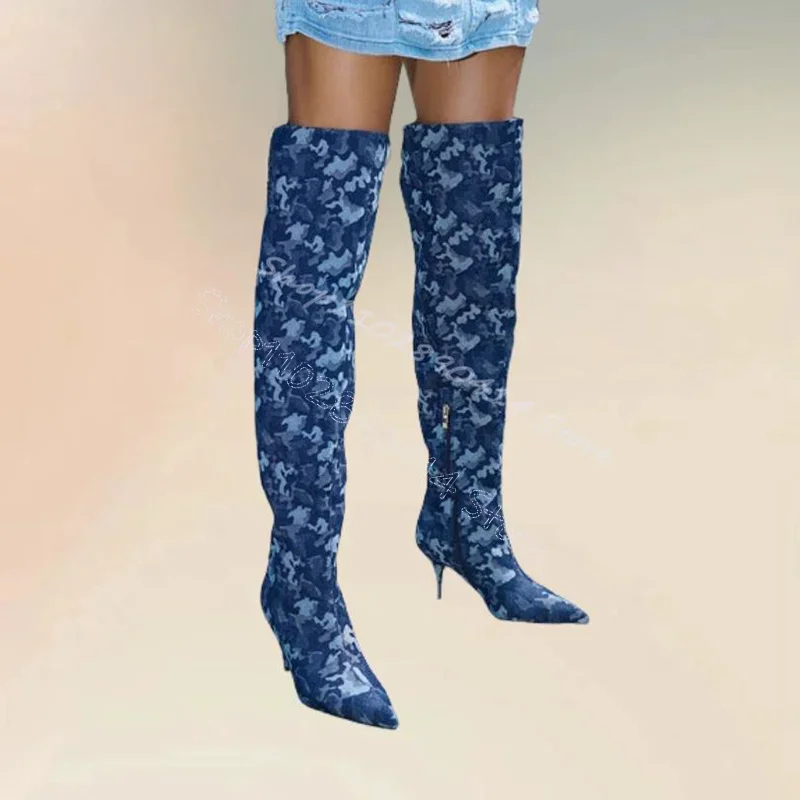 Blue Camouflage Design Pointed Toe Boots Side Zipper Women Shoes Thin High Heels Fashion Party Banquet 2024 Zapatos Para Mujere