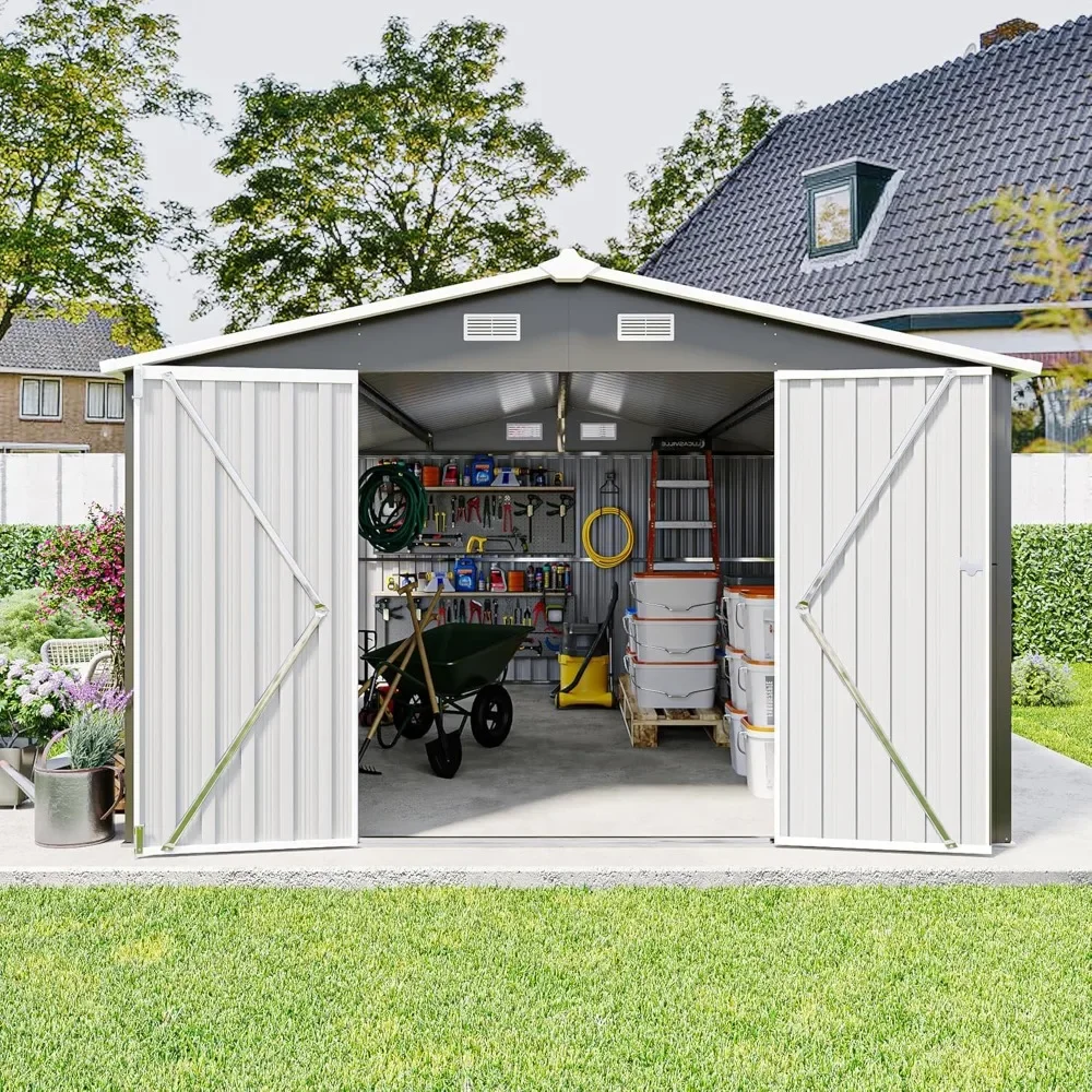 

10x14 FT Outdoor Storage Shed, Large Metal Garden Shed with Side Door, Outside Tool Sheds with 3 Lockable Hinged Doors.