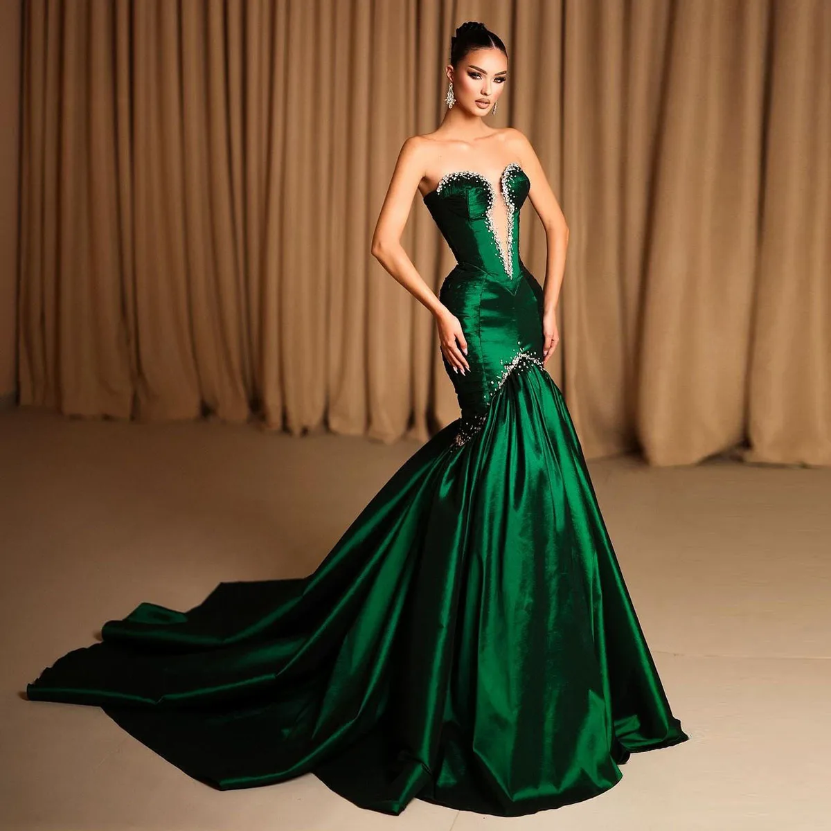 Custom Made tafetá cetim vestidos de noite, vestido de festa formal, vestido de baile, verde esmeralda, cristais, frisado, novo, 2022