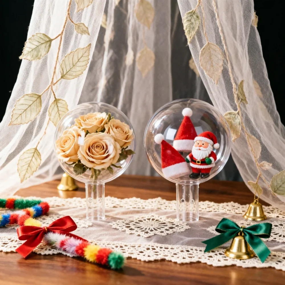 2pcs Acrylic Transparent Ball with Perforated Handle, Used for Floral Packaging DIY Wedding Banquet, Birthday, Christmas Decor