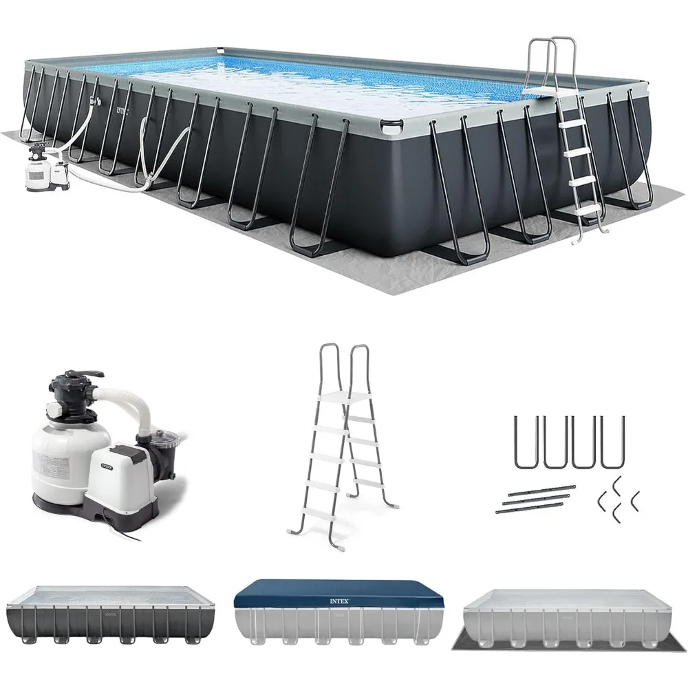 Rectangular Frame Above Ground Swimming Pool with Sand Filter Pump, Cover, Ladder, and Ground Cloth