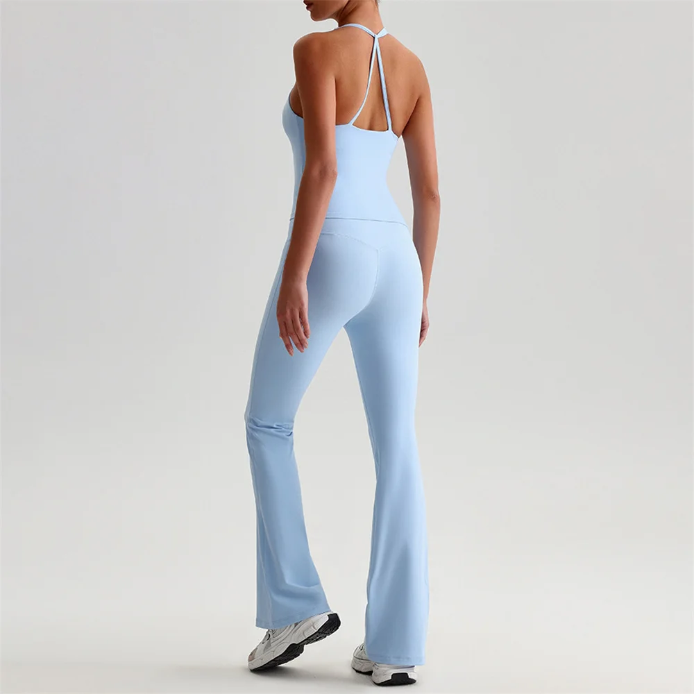 Solid Color gym Yoga Set flares Legging Sport Fitness Cross Gym Bra Top 2pc Soft Sport Suit Workout Training For Women Sportwear